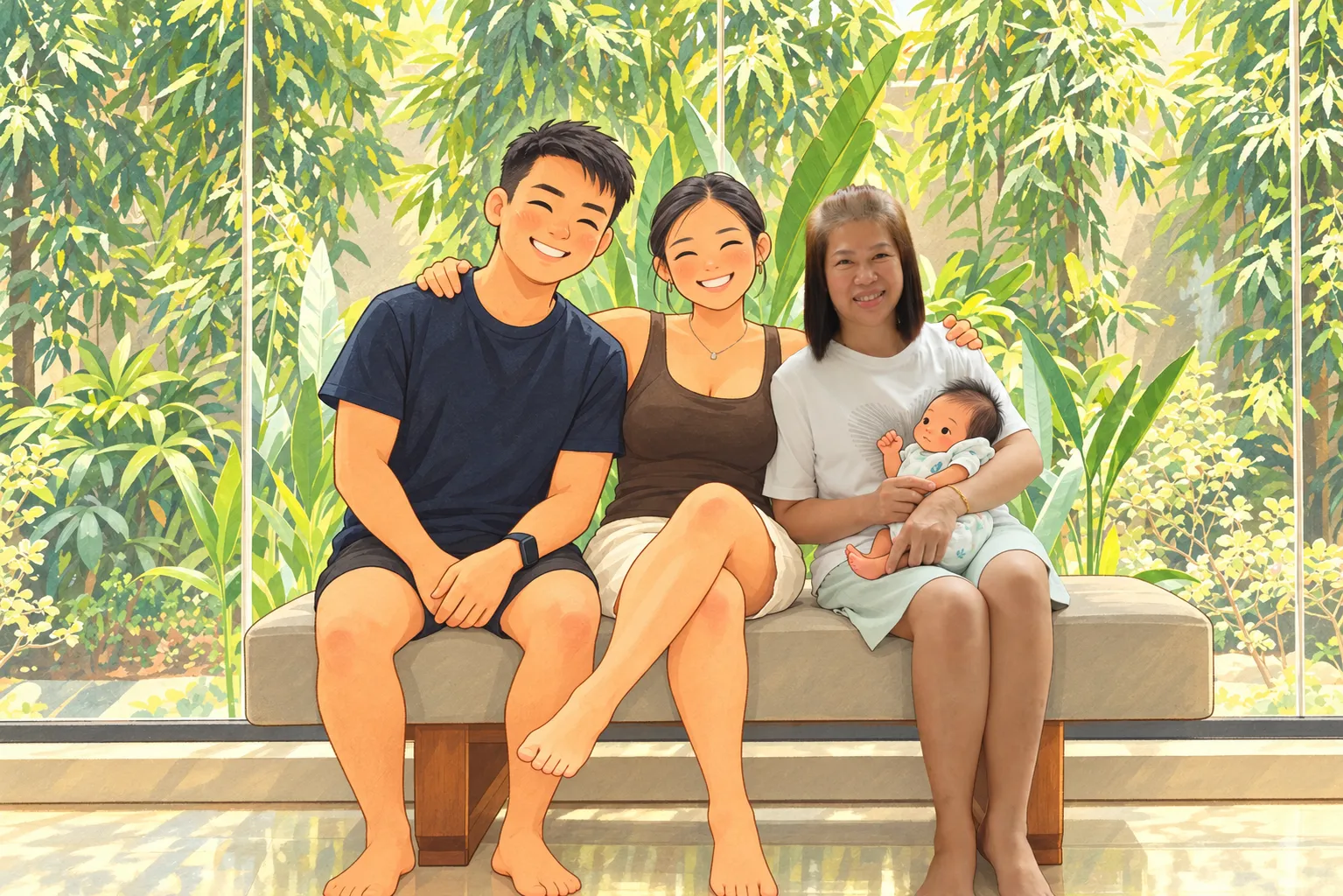 May Leng with a family and their newborn