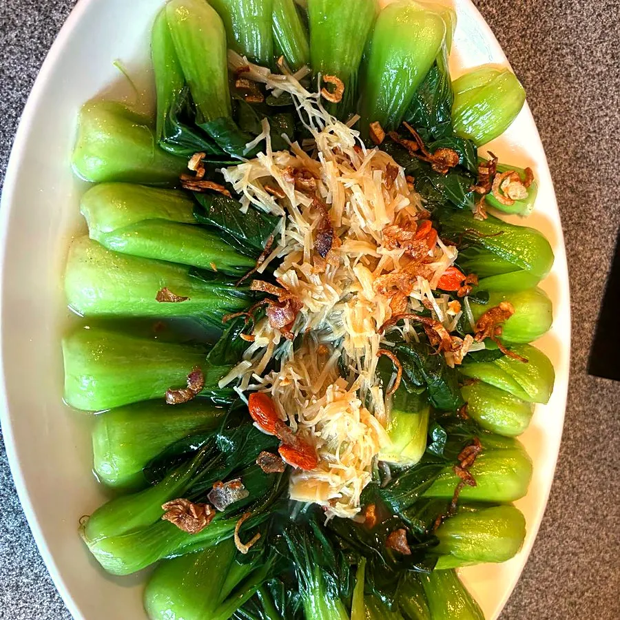 Bok choy with enoki, crispy shallots and goji