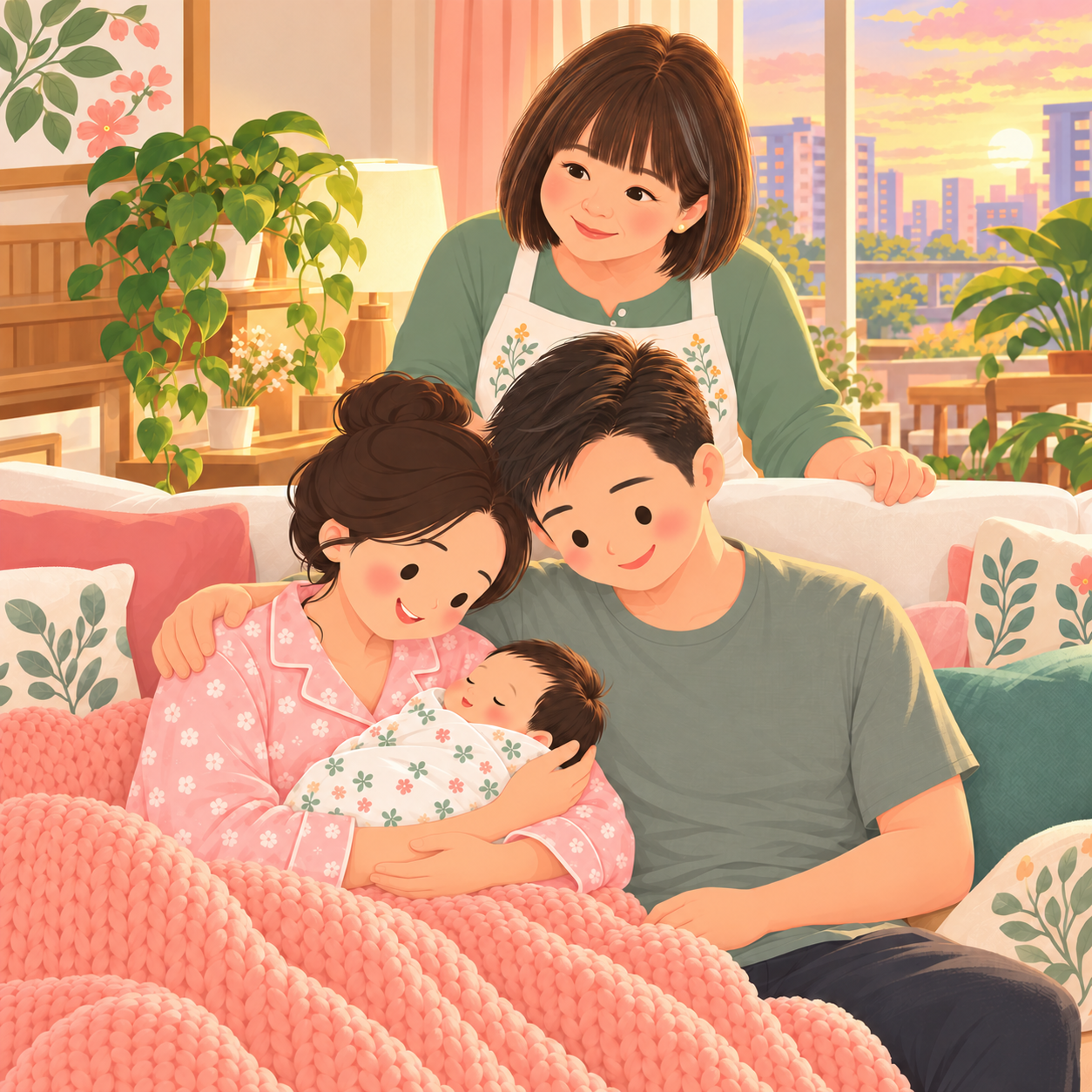 插图：爸爸抱着新生儿，妈妈依偎在旁，May Leng 在后面微笑