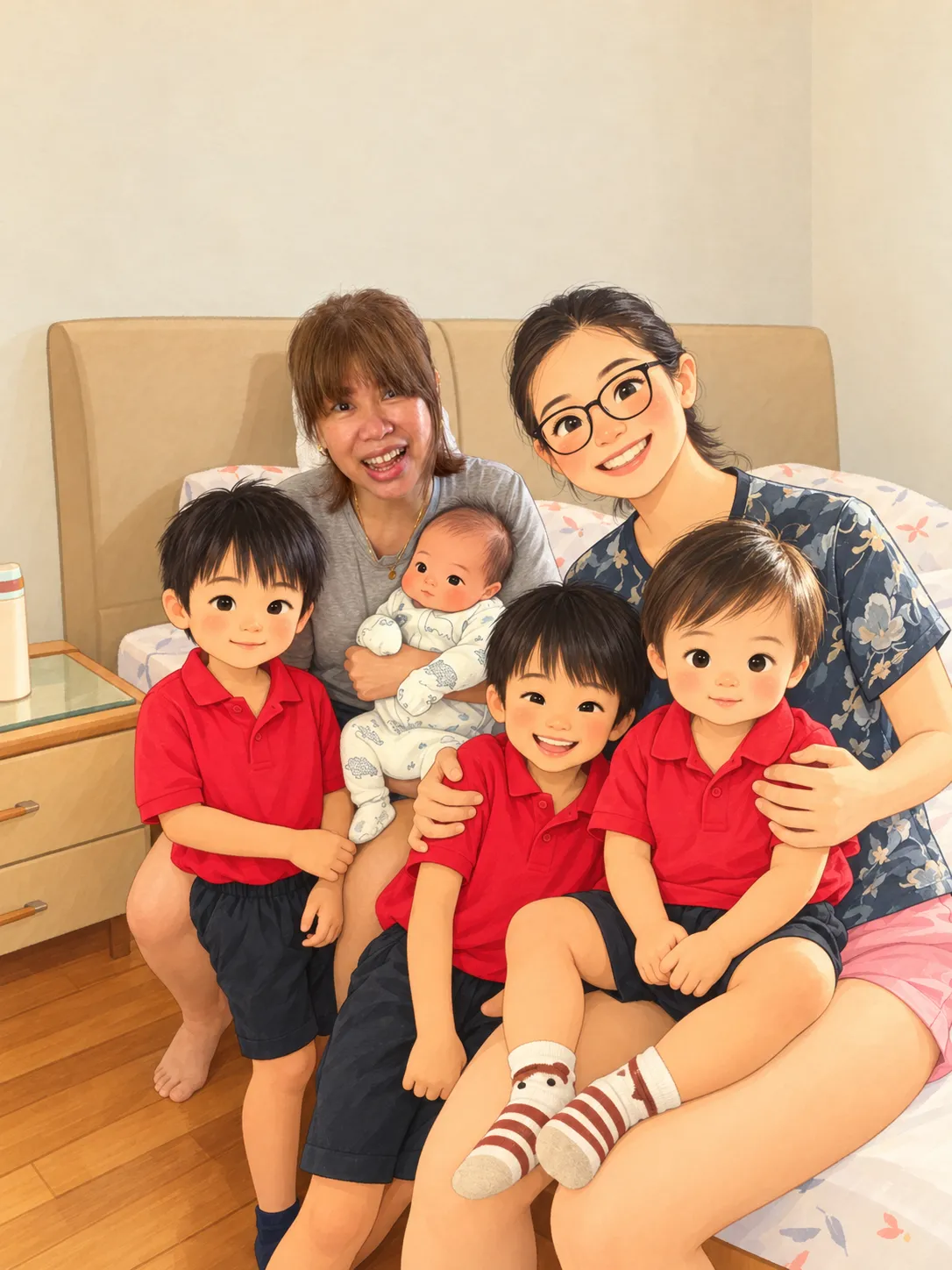May Leng holding a newborn with two older siblings