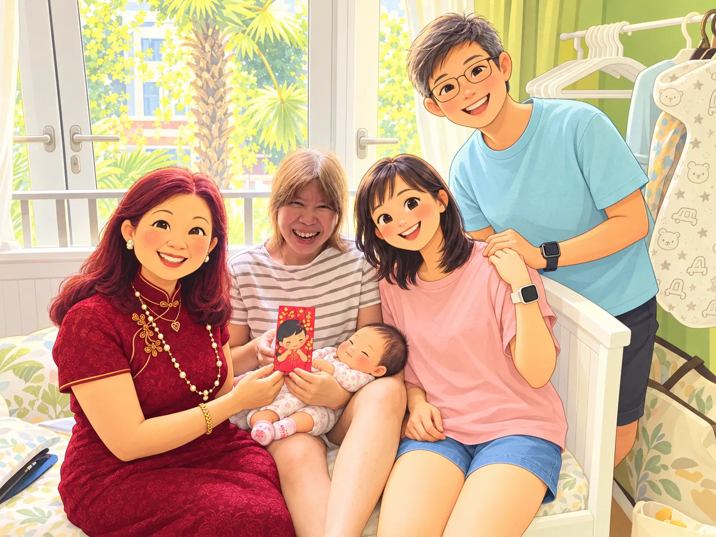 May Leng and a family celebrating a newborn with a red packet